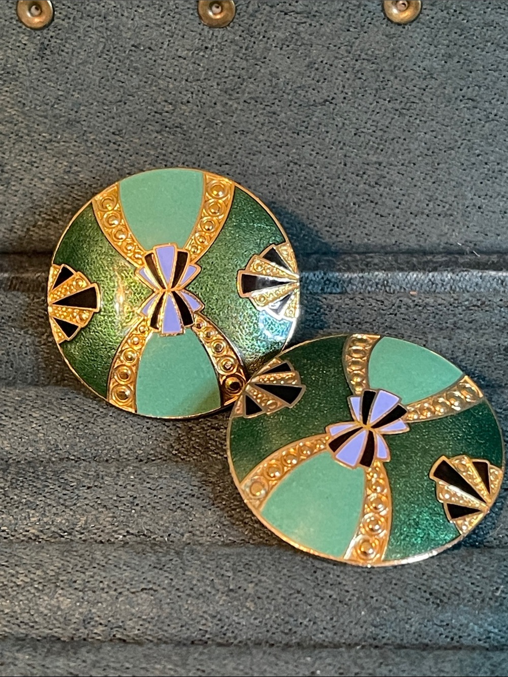Vintage Art Deco Cloisonné Enamel Disc Clip On Earrings - Picture 4 of 8